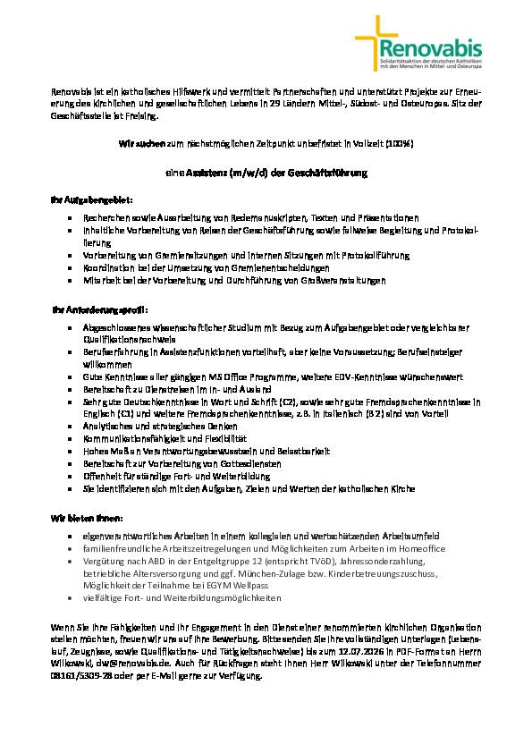 Ausschreibung Assistenz (m/w/d) der Geschäftsführung