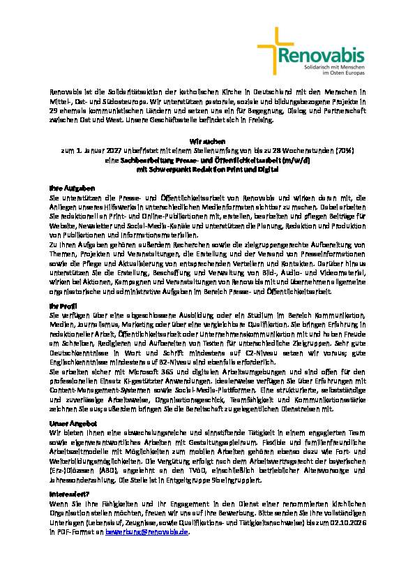 Sachbearbeitung Presse- und Öffentlichkeitsarbeit