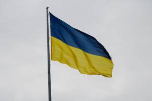 Das Bild zeigt die Ukrainische Flagge vor einem grauen Himmel.