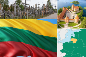 Collage mit vier Motiven zu Litauen. Oben links steht eine große Zahl unterschiedlich gestalteter Kreuze dicht nebeneinander auf dem Kreuzberg. Unten links ist die wehende litauische Flagge mit drei horizontalen Streifen in Gelb, Grün und Rot zu sehen. Oben rechts zeigt eine Luftaufnahme eine historische Burganlage mit roten Ziegeldächern auf einer von Seen und Bäumen umgebenen Insel. Unten rechts ist eine Landkarte des Baltikums abgebildet. Litauen ist gelb hervorgehoben, die umliegenden Länder sind grün dargestellt.