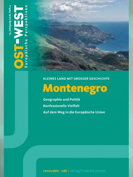 Abbildung des Umschlags der Zeitschrift OST-WEST, Ausgabe 4/2018 (Montenegro): Zerklüftete Küstenlandschaft und Blick auf das Adriatische Meer.