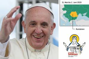 Papst Fanziskus und Karte mit Rumänien.