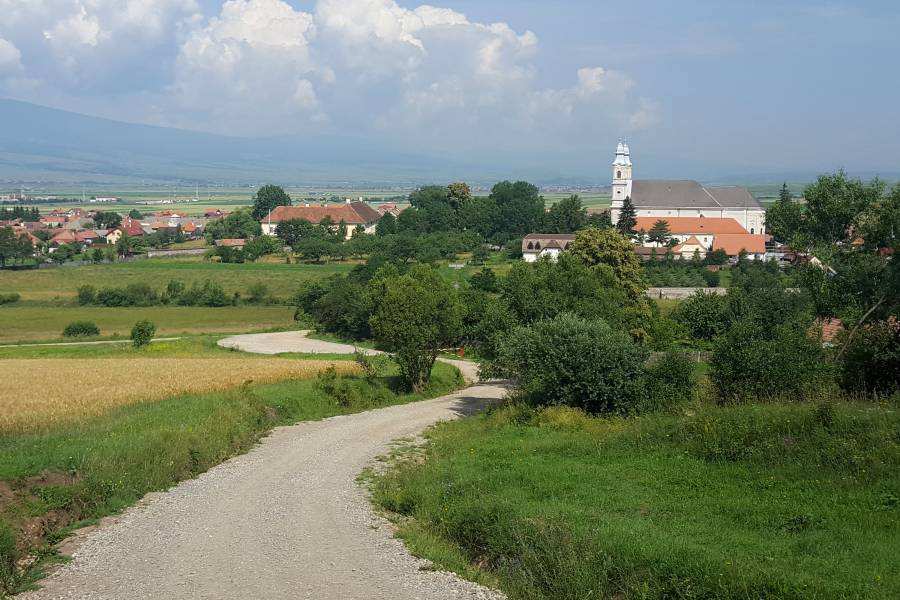 Panoramaaufname von Șumuleu Ciuc in Rumänien (Landstraße, Kirche, Felder)