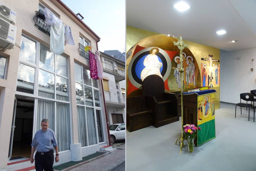 Zwei Fotos: Außen- und Innenaufnahme des Wohnhauses, in dem sich die katholische Gemeinde in Kumanovo